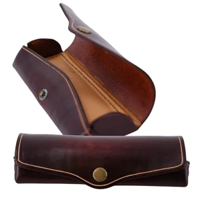 Afbeelding van MIKA 28071002 Brillenkoker klein van echt zadelleer bruin, etui voor brillen en visuele hulp, brillendoos dames heren, bruine brillenopslag, zonnebrillenetui ca. 15 x 6 3 cm