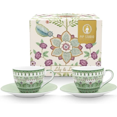 Afbeelding van Pip Studio Lily &amp; Lotus Espresso Set van twee kop en schotels Groen 120ml Vaatwasserbestendig