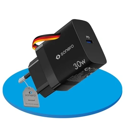 Afbeelding van sonero USB C oplader, laadstekker adapter, voeding 30 watt snellader compatibel met Apple iPhone 15, Samsung, tablet, laptop enz., meervoudige GaN PD zwart