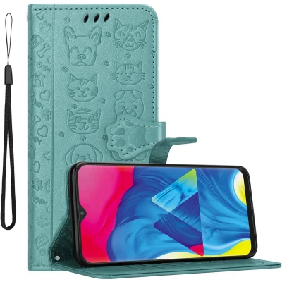 Afbeelding van Cadorabo Hoesje geschikt voor Samsung Galaxy A10 / M10 in SHINY GROEN Beschermhoes honden en katten met standfunctie kaartsleuven Book Case Cover Etui