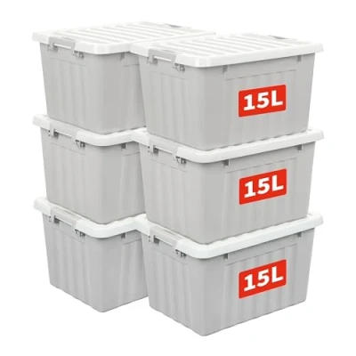 Afbeelding van Cetomo 15L x 6 plastic opbergdoos, grijs, draagtas, organiserende container met duurzaam deksel en veilige vergrendelende gespen, stapelbaar nestbaar, stuks, gesp