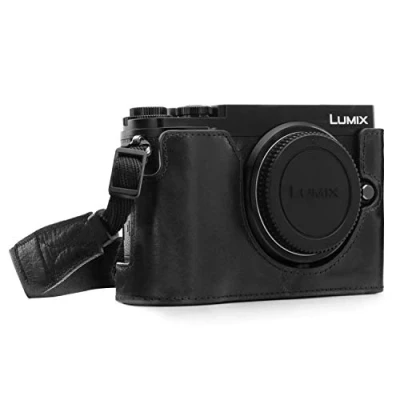 Afbeelding van MegaGear MG1442 Panasonic Lumix DC GX9 Ever Ready echt lederen camera halve tas met draagriem zwart