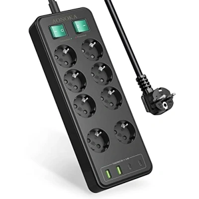 Afbeelding van Stekkerdoos 8 Voudig met USB C,Stekkerblok Overspanningsbeveiliging 2 Schakelaar, Verdelercontactdoos C en A Voedingsbord Stopcontactverdeler Verlengkabel 1.5m Zwart