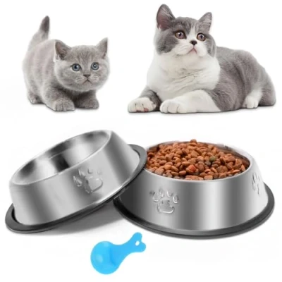 Afbeelding van Roestvrijstalen kattenbak, set van 2 metalen hondenbakken voor voedsel en water, antislip voerbak huisdieren met rubberen basis binnen, katten, kleine honden