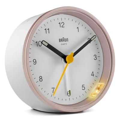 Afbeelding van Braun Classic Analogue Alarm Clock With Snooze And Light, Quiet Quartz Movement, Crescendo Beep Pink/White BC12PW