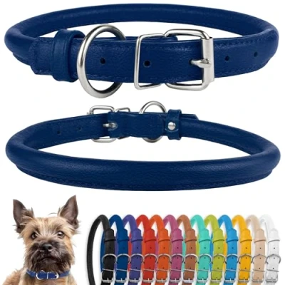 Afbeelding van CollarDirect Gerolde lederen halsband, zachte gewatteerde ronde puppy kraag, handgemaakte halsband hond kleine grote kat halsbanden 13 kleuren (8 11 inch, donkerblauw getextureerd)
