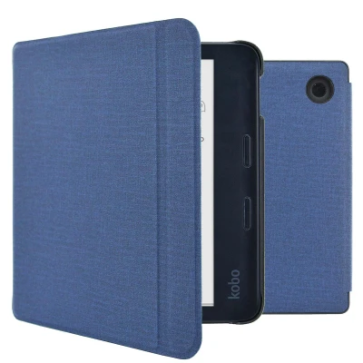 Afbeelding van Kobo Libra Colour Hoes: imoshion Canvas Sleepcover Bookcase met stand Bookcase,Sleepcover Donkerblauw Kunstleder E Reader Hoezen