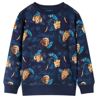 Afbeelding van Kindertrui leeuw en plantenprint 92 marineblauw