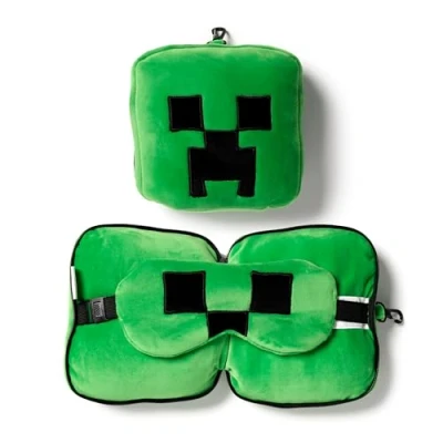 Afbeelding van Relaxeazzz Minecraft Creeper knuffel/reiskussen/slaapmasker 2 in 1 set voor kinderen vliegtuig of auto