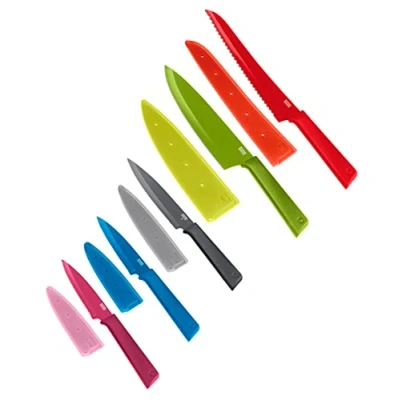 Afbeelding van KUHN RIKON COLORI+ Everyday set van 5 met lemmetbescherming, anti aanbaklaag, roestvrij staal, fuchsia/blauw/grijs/groen/rood