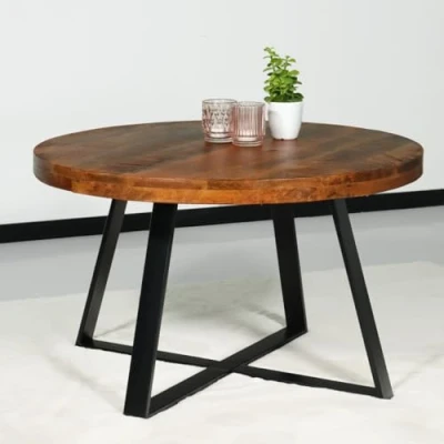 Afbeelding van Salontafel rond mangohout Teun bruin side table industrieel bijzettafel mango hout