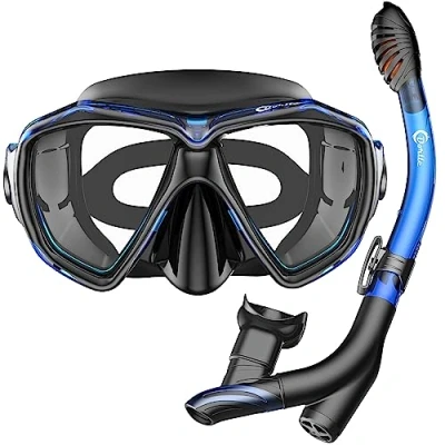 Afbeelding van Dorlle Snorkelset, snorkelset met snorkel en duikbril, waterdicht, anti condens, lek van gehard glas, 3 kanaals Premium Dry voor volwassenen, zwart/blauw