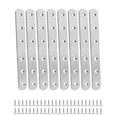 Afbeelding van QWORK® 8 Stuks 160x20x3mm Roestvrijstalen geperforeerde plaat Platte verbindingsbeugel Metalen verbindingsstuk Houtverbinding hoekbeugels met 48 montageschroeven