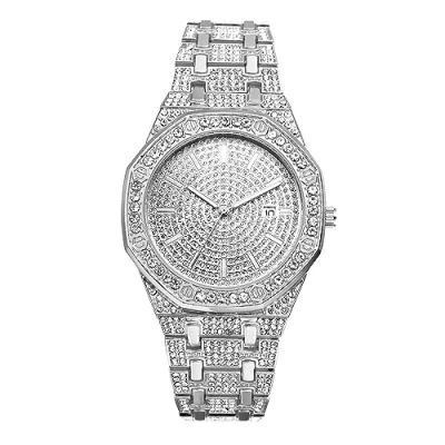 Afbeelding van JewelryWe Mannen Horloges Gold Tone Legering Quartz Horloge Stijlvolle Strass Business Casual Jurk voor Kerstmis, Kalender zilver