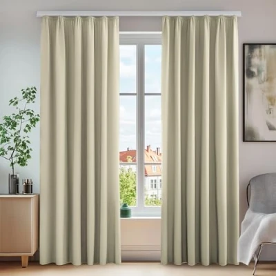 Afbeelding van Deconovo Verduisteringsgordijnen, modern design, woonkamer, rimpelband, gordijn, slaapkamer, meisjes, kinderen, eetkamer, donkerbeige, 140 x 138 cm, 2 stuks