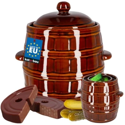 Afbeelding van KOTARBAU® hermetisch Gaarspan, 8 liter, aardewerk pot met deksel en verzwaringssteen, zuurkoolpot, komkommerpot, aardewerk, bruin