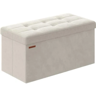 Afbeelding van Songmics LSF247W01 Fluwelen opvouwbare poef, opbergkist, voetenbank met 2 opbergdozen, 38 x 76 cm, 300 kg draagvermogen voor hal, woon of slaapkamer, crèmewit