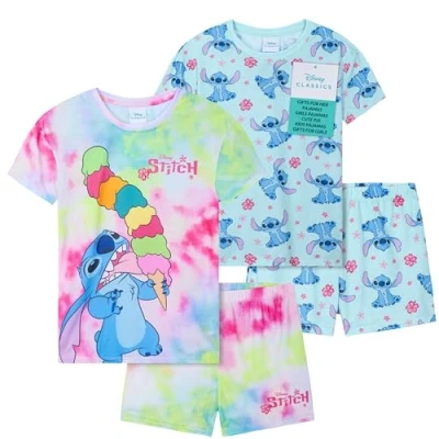 Afbeelding van Get Trend Pyjama voor meisjes, set van 2 korte mouwen, pyjamaset kinderen, tieners, loungeset, nachtkleding, zacht, comfortabel, nachtkleding als cadeau Blauwe Stitch, 9 10 jaar