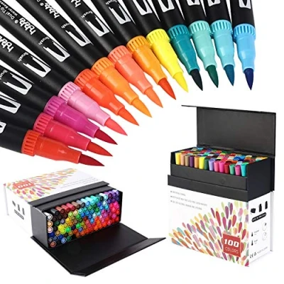 Afbeelding van hhhouu 100 Kleuren Dual Tip Brush Pen Set, Fineliner Pennen, Art Markers voor Volwassenen en Kinderen, Kleurboeken, Kalligrafie Bullet Journal HO 100B