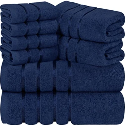 Afbeelding van Utopia Towels 8 delige luxe handdoekenset, 2 badhanddoeken, handdoeken en 4 washandjes, 97% ringgesponnen katoen zeer absorberend viscose streep ideaal voor dagelijks gebruik (Navy)