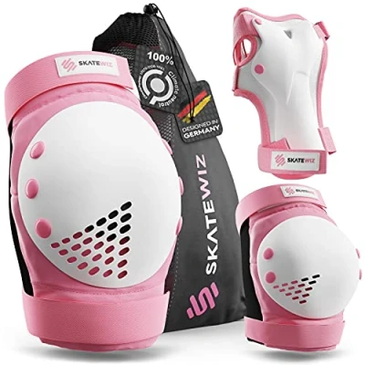 Afbeelding van SKATEWIZ Kniebescherming voor kinderen SMASH Maat M/L in Roze/Wit Beschermingsset skeeleren &amp; skateboarden