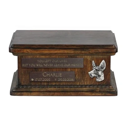Afbeelding van Art Dog Custom Low Memorial Urn Handgemaakt koud gegoten bronzen portret op berkenbasis Gepersonaliseerde hondencrematiedoos 8,3x11,4x4,3 Podenco Ibicenco