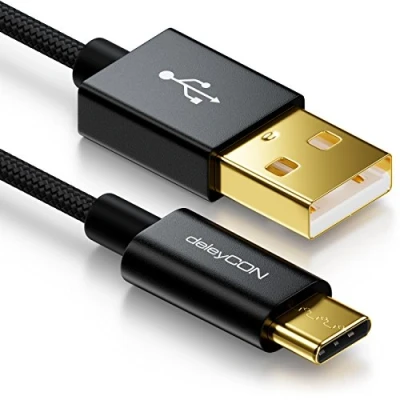 Afbeelding van deleyCON 2m USB C Kabel Oplaadkabel Datakabel Nylon + Metalen Stekker naar A Compatibel met Apple Samsung Google Huawei Xiaomi Tablet Laptop PC Zwart