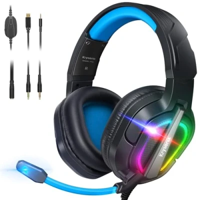 Afbeelding van Krysenix PG2 Gaming Headset voor PS4/PS5/PC/Xbox One, Ergonomisch ontwerp Over Ear met AI Stereo Microfoon Geluid, Computer 3,5 mm Jack &amp; RGB Licht Zwart/Blauw