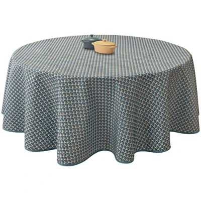 Afbeelding van Le linge de Jules Tafelkleed, vuilafstotend, pauw, donkerblauw, rond, 160 cm, blauw, zwart, saffraan