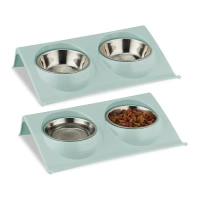 Afbeelding van Relaxdays 2x dubbele voerbak kat voer en waterbak kleine hond verhoogde etensbak 150ml blauw