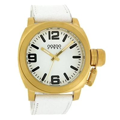 Afbeelding van OOZOO Timepieces Goudkleurige horloge met witte leren band OS158