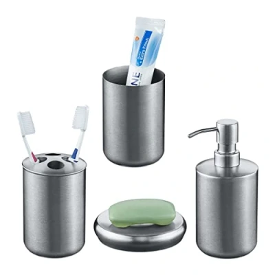 Afbeelding van Relaxdays badkameraccessoires 4 delige set badkamerset uniforme look rvs zilver