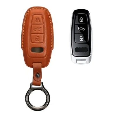 Afbeelding van kwmobile leren autosleutel hoesje geschikt voor Audi A6 A7 A8 Q7 Q8 3 knops Keyless Als sleutelhanger met sleutelring Echt leer in bruin