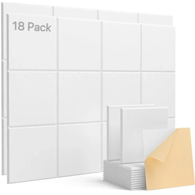 Afbeelding van akoestische platen, zelfklevend, 18 stuks, geluidsisolatie, wand, hoge dichtheid, polyester, panelen, afgeschuind randdesign, wit, voor wandplafonds, hout en deuren, 30 x 0,9 cm