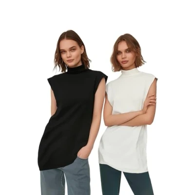 Afbeelding van Trendyol Standaard mouw Basis Zwart wit 2 pack, staande kraag, mouwloze ondergoedtuniek TCTSS21UK0033