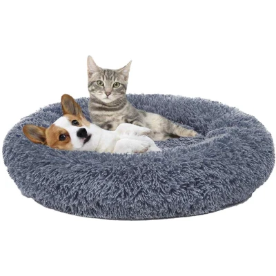Afbeelding van Hondenbed, rond, voor katten, honden, pluche, kussen huisdieren, zacht, donutmanden kleine middelgrote honden (70 cm, grijs)