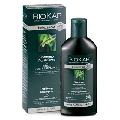 Afbeelding van BIOKAP BELLEZZA BIO Purifying Shampoo 200 ml tegen roos en jeuk plantaardige werkzame stoffen eucalyptusolie menthol theeboomolie zinkzout veganistisch