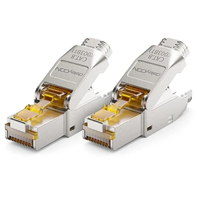 Afbeelding van deleyCON 2x CAT 8 RJ45 Netwerkstekker Gereedschapsloos Afgeschermd 40 Gbit/s voor Raw Cable Starre Installatiekabel Connector Ethernet LAN DSL Patchkabel