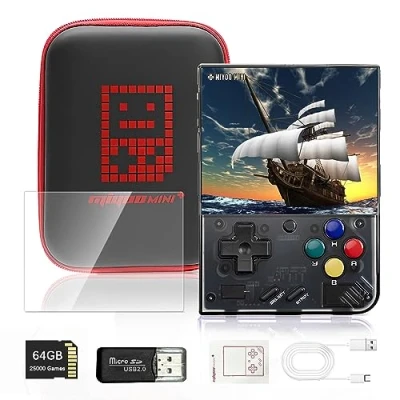 Afbeelding van Temoo Mini Plus retro gameconsole, 64G draagbare handheld ondersteunt meer dan 20000 klassieke games, gameconsole met 3,5 inch IPS HD scherm en een draagbaar zakje.