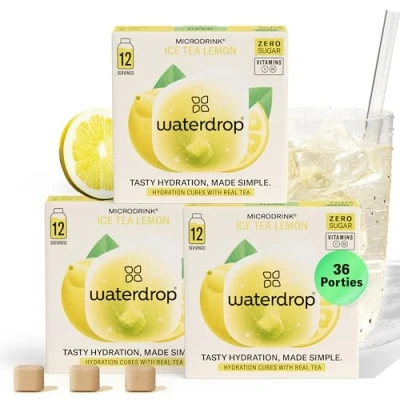 Afbeelding van waterdrop® ICE TEA citroen 36 hydratatieblokjes Suikervrije ijsthee met echte groene thee en natuurlijke extracten vitamine C Water smaak