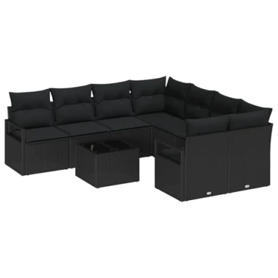 Afbeelding van vidaXL 9 delige Tuin Sofa Set met Kussens Zwart Poly Rattan, 2 Zits Rattan