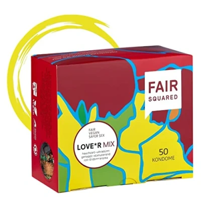 Afbeelding van FAIR SQUARED 50 stuks condooms Love*r Mix Sweet + Ultimate Thin Intense veganistisch natuurlijk rubber duurzaam en eerlijk LGBTQ gevoelsecht flinterzacht