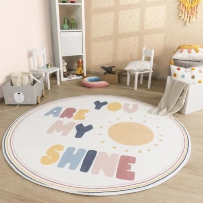 Afbeelding van Vloerkleed Kinderkamer Meisjes Jongens Modern Regenboog Zon Wasbaar, Kleur:Blauw Geel Crème, Maat:160 cm Rund