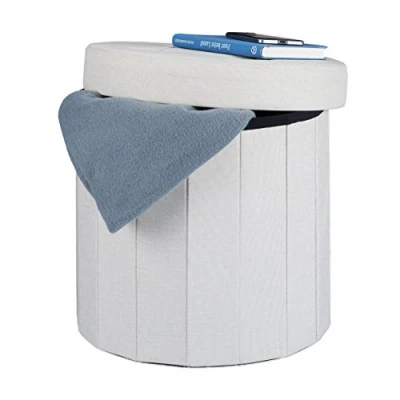 Afbeelding van Relaxdays zitkruk met opslagruimte, rond, HxBxD: 38 x cm, gepolsterde voetenbank, opbergpoef, crème