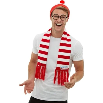 Afbeelding van Where&#039;s Wally? Kit, Red &amp; White, with Hat, Knitted Scarf Glasses