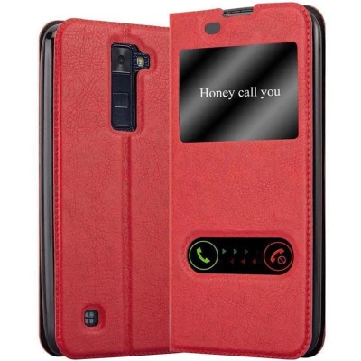 Afbeelding van Cadorabo Hoesje geschikt voor LG K8 2016 in SAFRAN ROOD Beschermhoes met magnetische sluiting, standfunctie en 2 kijkvensters Book Case Cover Etui