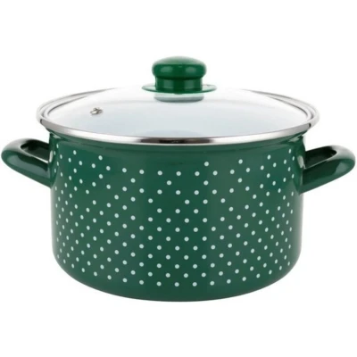 Afbeelding van Emalia Retro Green klassieke geëmailleerde kookpan met glazen deksel 16 cm 2.1L groen/ wit