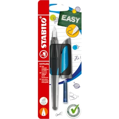 Afbeelding van Schoolvulpen met L punt voor linkshandigen STABILO EASYbuddy in zwart/licht blauw schrijfkleur (uitwisbaar) los exemplaar inclusief inktpatroon