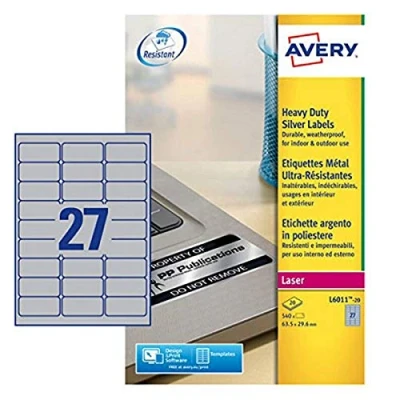 Afbeelding van Avery L6011 20 robuuste laseretiketten (27 stuks per vel, 63,5 x 29,6 mm) 540 etiketten in zilver