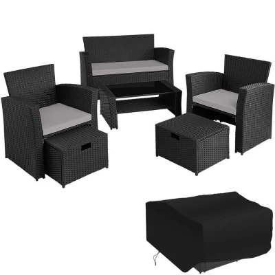 Afbeelding van tectake wicker zitgroep Modena zwart / grijs incl. beschermhoes